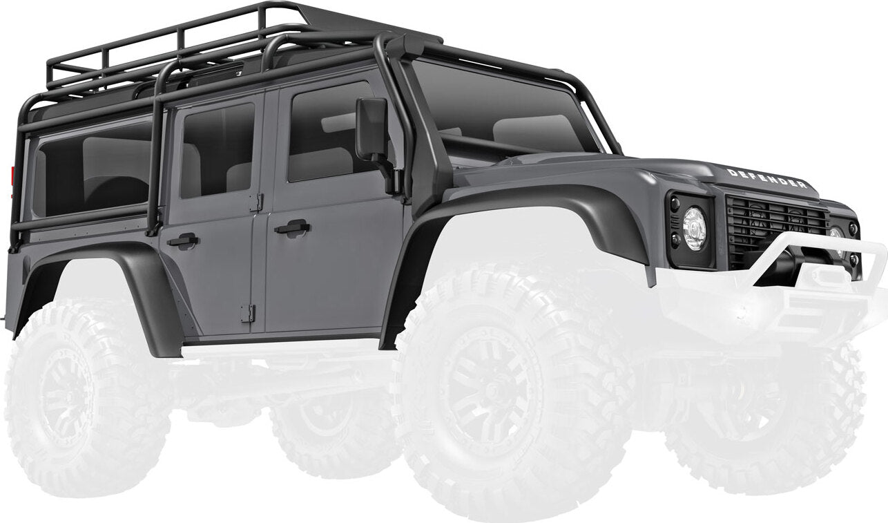 Body, Land Rover® Defender®, complete, silver (includes grille, side mirrors, door handles, fender flares, fuel canisters, jack, spare tire mount, & clipless mounting) (requires #9734 front & rear bumpers)